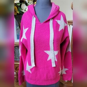 KIKIT PINK WHITE STARS LONG SLEEVE PULLOVER HOODIE THICK SWEATER M